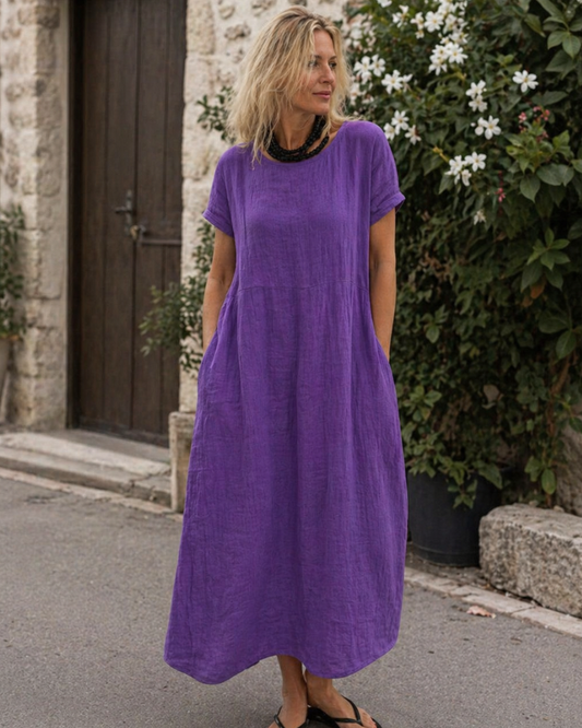 Hannah - Casual Women's Cotton Linen Dress with Short Sleeves and Side Pockets