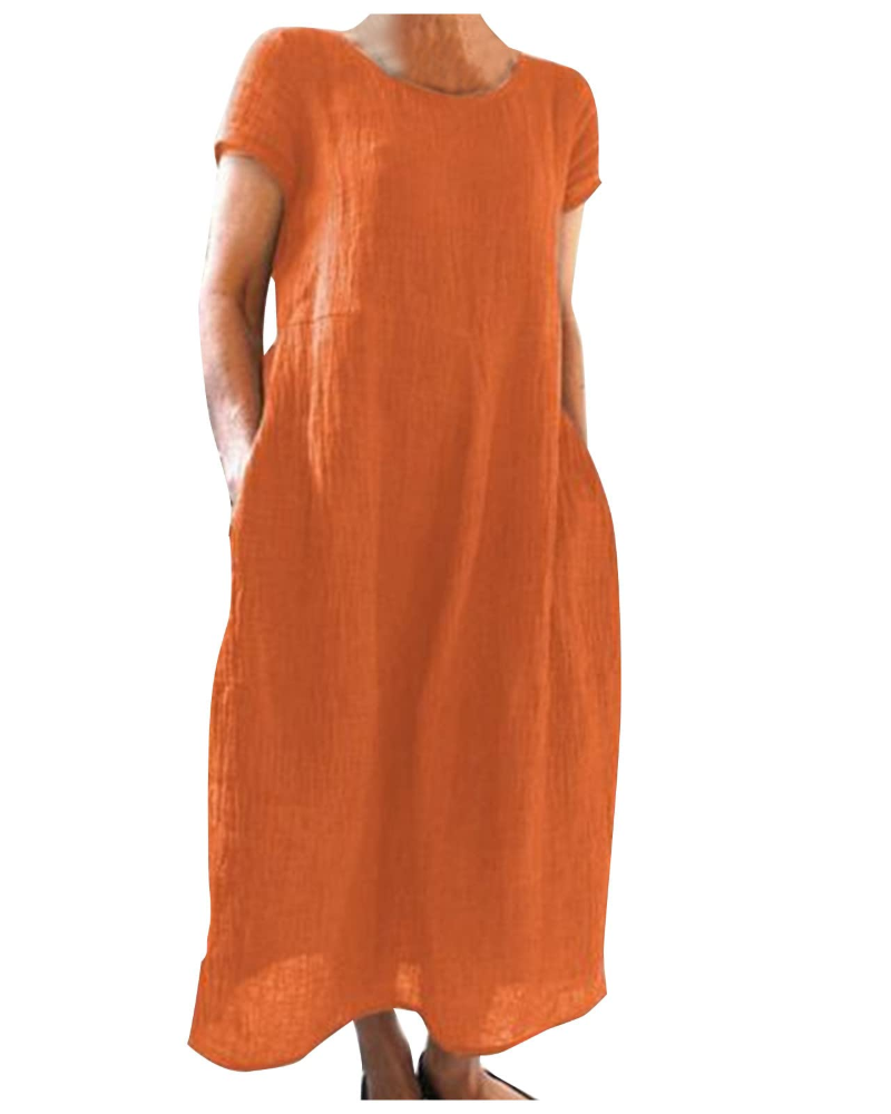 Hannah - Casual Women's Cotton Linen Dress with Short Sleeves and Side Pockets