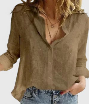 Hannah - Casual Women's Linen Blouse with Scalloped V-Neck Collar