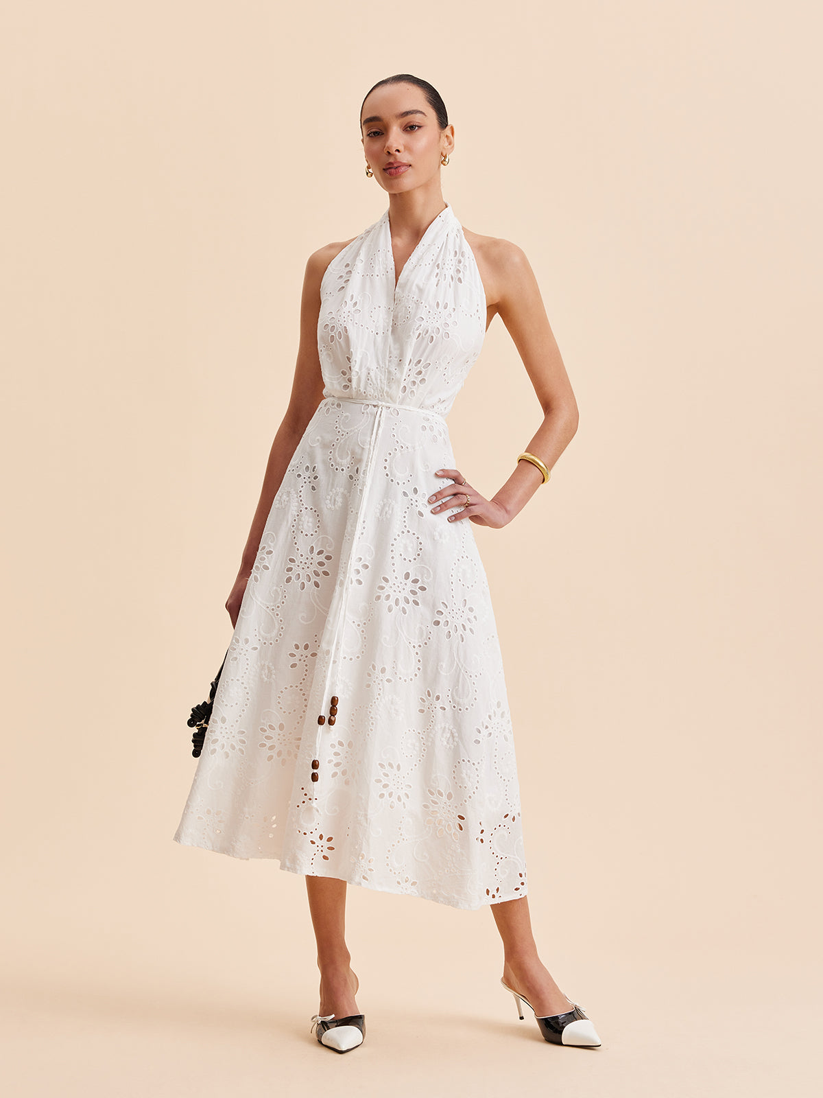 Hannah - Elegant Women's Wedding Guest Midi Dress with Halter Neck and Eyelet Detail
