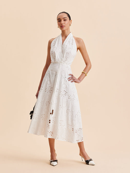 Hannah - Elegant Women's Wedding Guest Midi Dress with Halter Neck and Eyelet Detail
