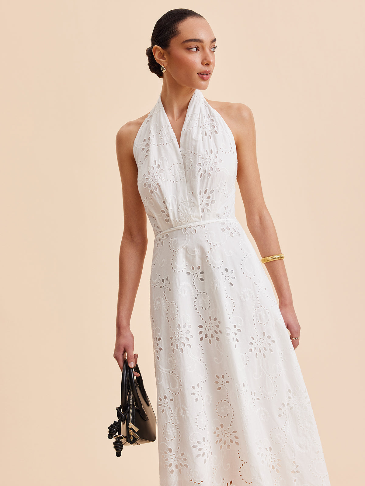 Hannah - Elegant Women's Wedding Guest Midi Dress with Halter Neck and Eyelet Detail
