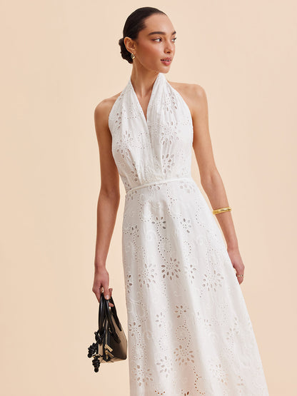 Hannah - Elegant Women's Wedding Guest Midi Dress with Halter Neck and Eyelet Detail
