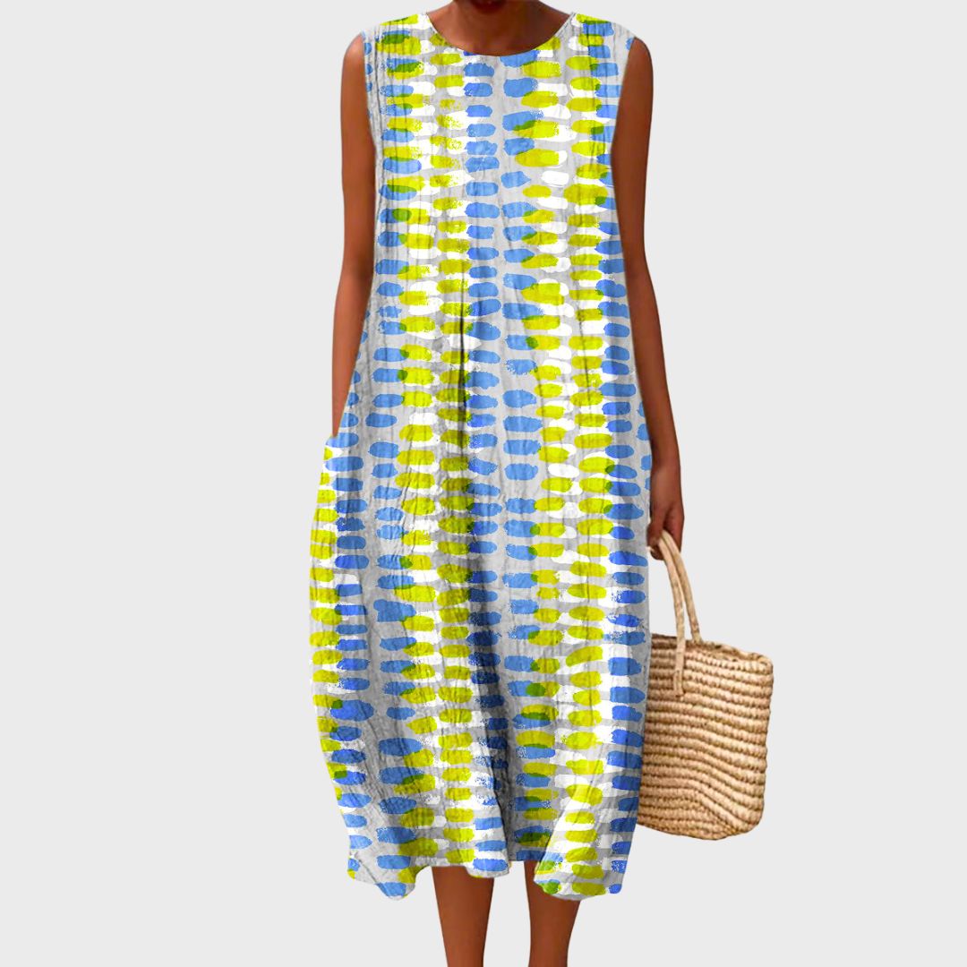 Hannah - Flowy Women's Midi Summer Dress with Round Neckline and Pockets