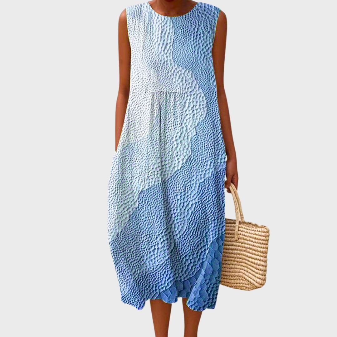 Hannah - Flowy Women's Midi Summer Dress with Round Neckline and Pockets