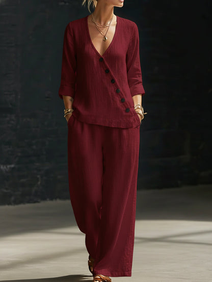 Hannah - Smart Women's Linen Set with V-Neck Diagonal Button Top and Wide-Leg Trousers