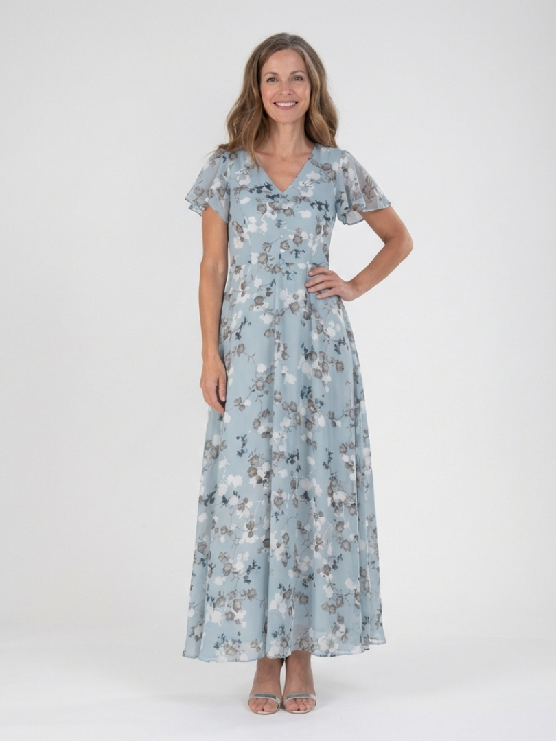 Hannah - Vintage Women's Maxi Dress with Flutter Sleeves and Soft V Neck