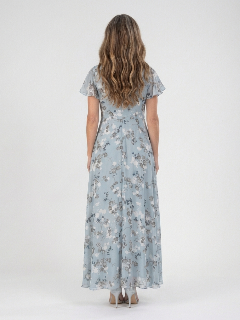 Hannah - Vintage Women's Maxi Dress with Flutter Sleeves and Soft V Neck