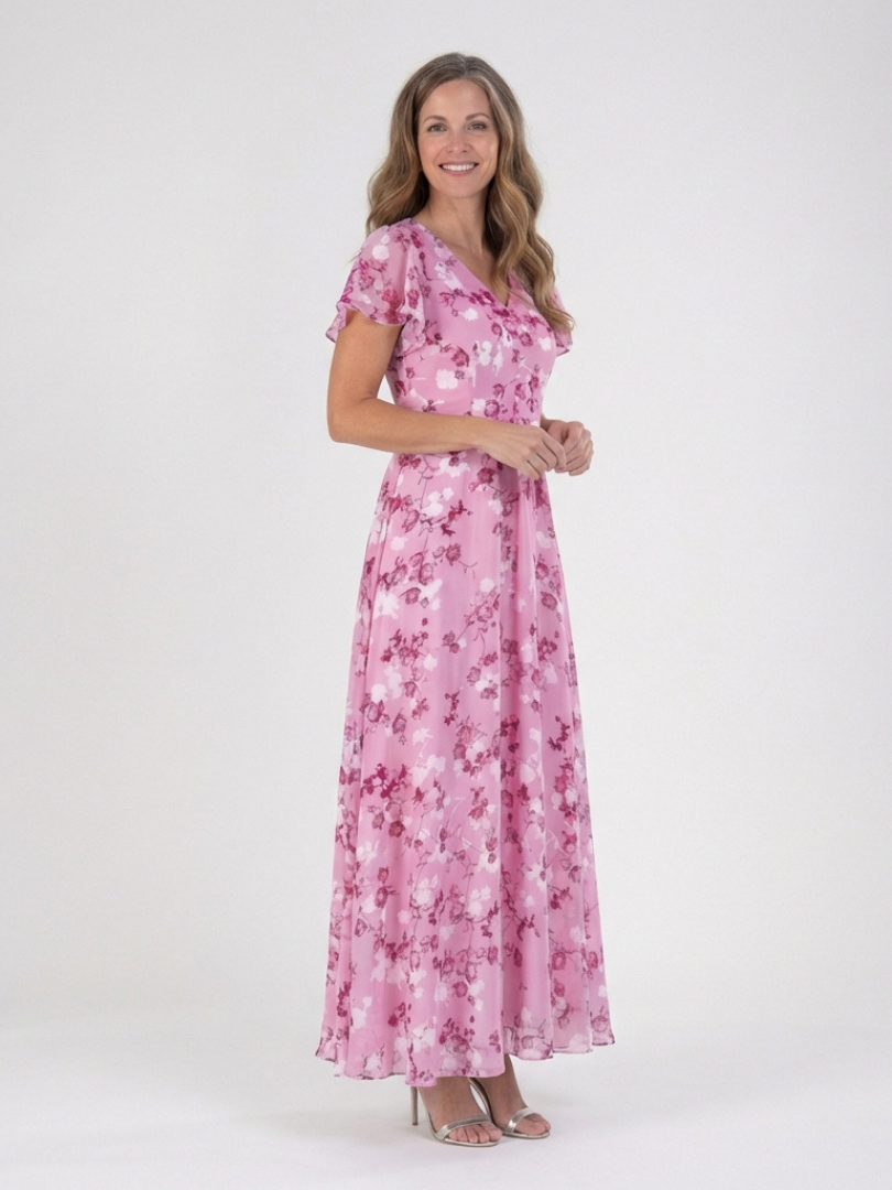 Hannah - Vintage Women's Maxi Dress with Flutter Sleeves and Soft V Neck