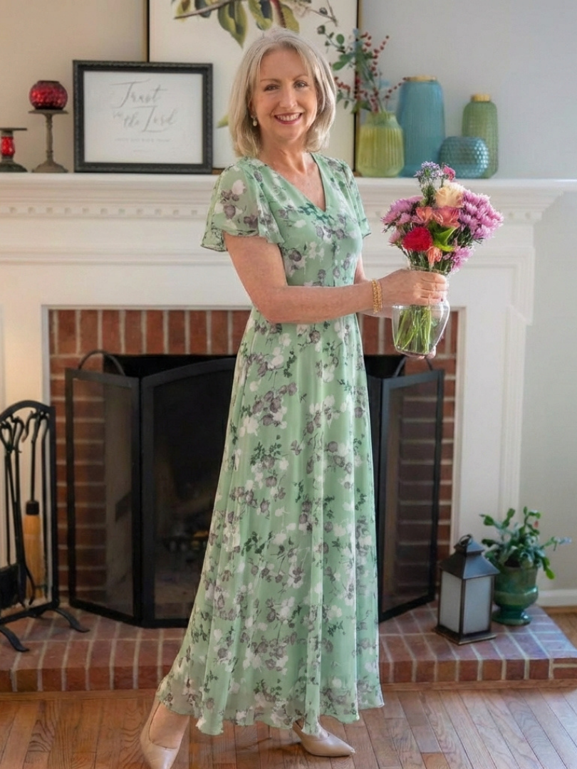 Hannah - Vintage Women's Maxi Dress with Flutter Sleeves and Soft V Neck