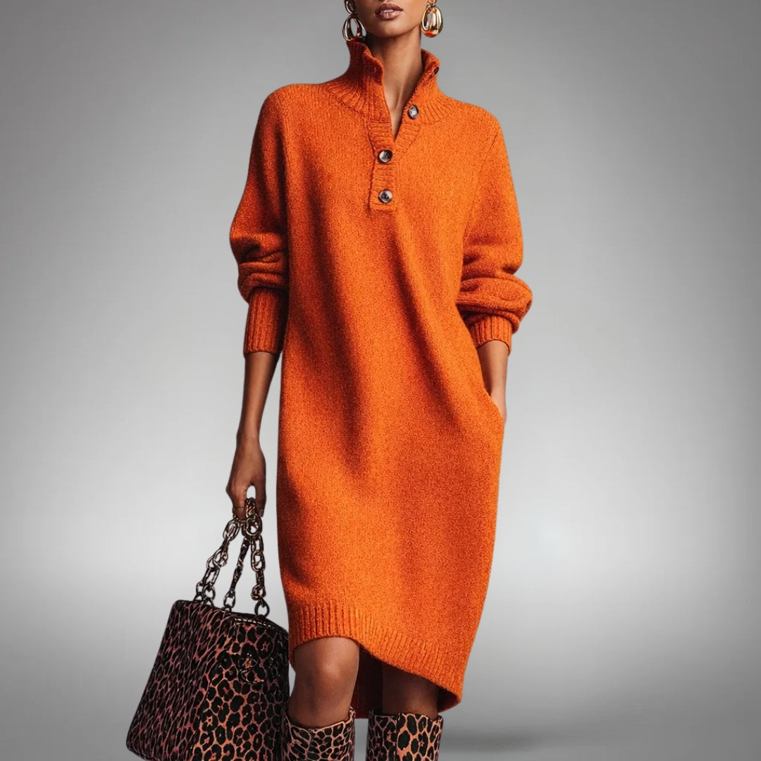 Hannah - Women's Knitted Jumper Dress Comfort Fit with Button Collar