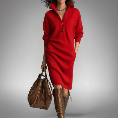 Hannah - Women's Knitted Jumper Dress Comfort Fit with Button Collar