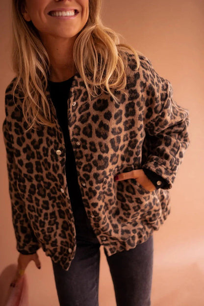 Hannah - Women's Teddy Style Bomber Jacket with Leopard Print Detail