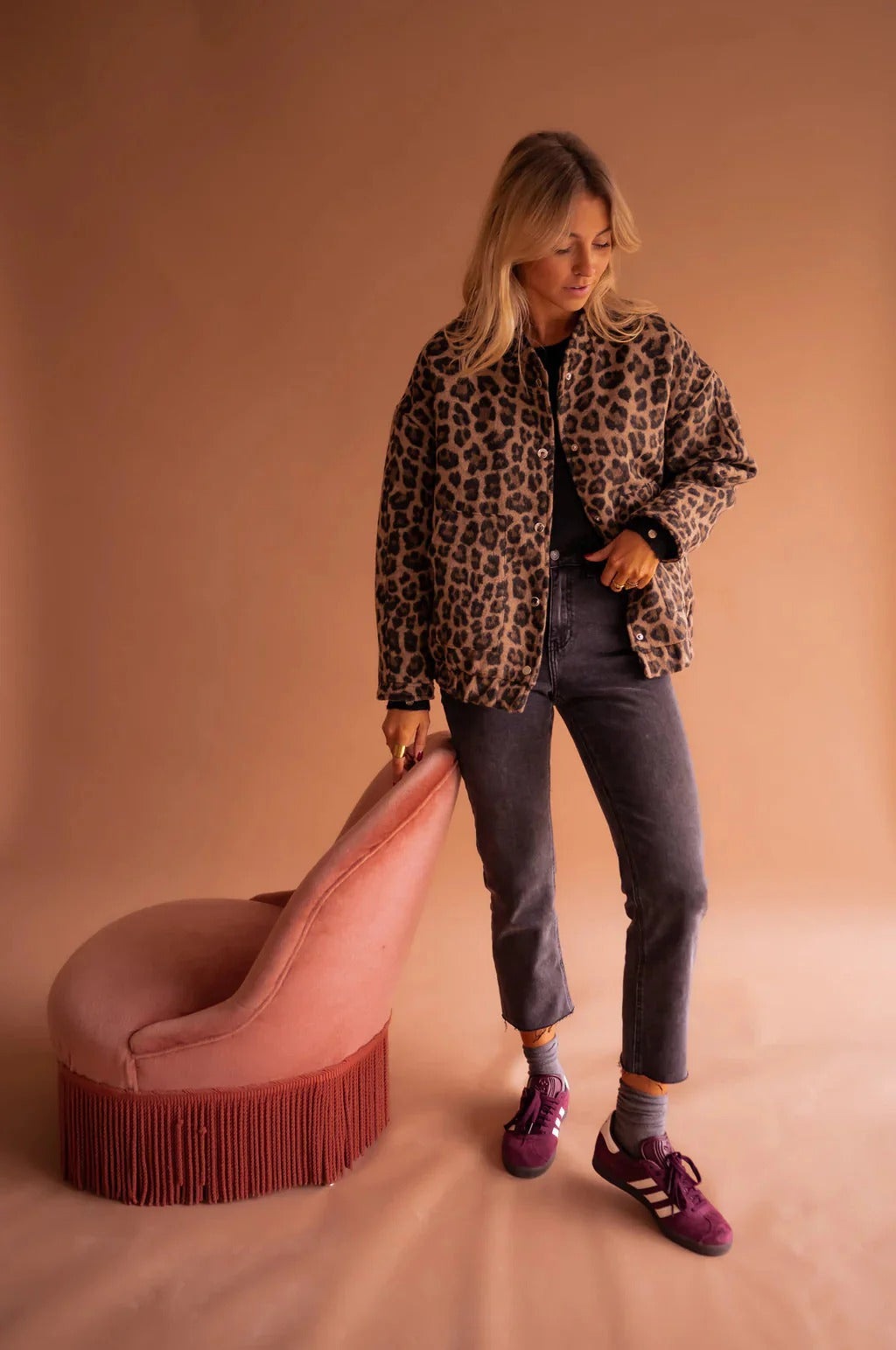 Hannah - Women's Teddy Style Bomber Jacket with Leopard Print Detail