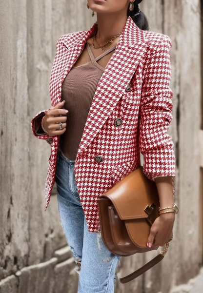 Hannah - Women's Wool Style Blazer for Autumn with Houndstooth Check Print