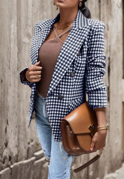Hannah - Women's Wool Style Blazer for Autumn with Houndstooth Check Print