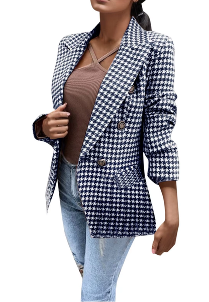 Hannah - Women's Wool Style Blazer for Autumn with Houndstooth Check Print