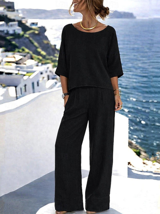Hazel - Relaxed Women's Linen Two Piece Set with Boatneck Top and Wide Leg Trousers