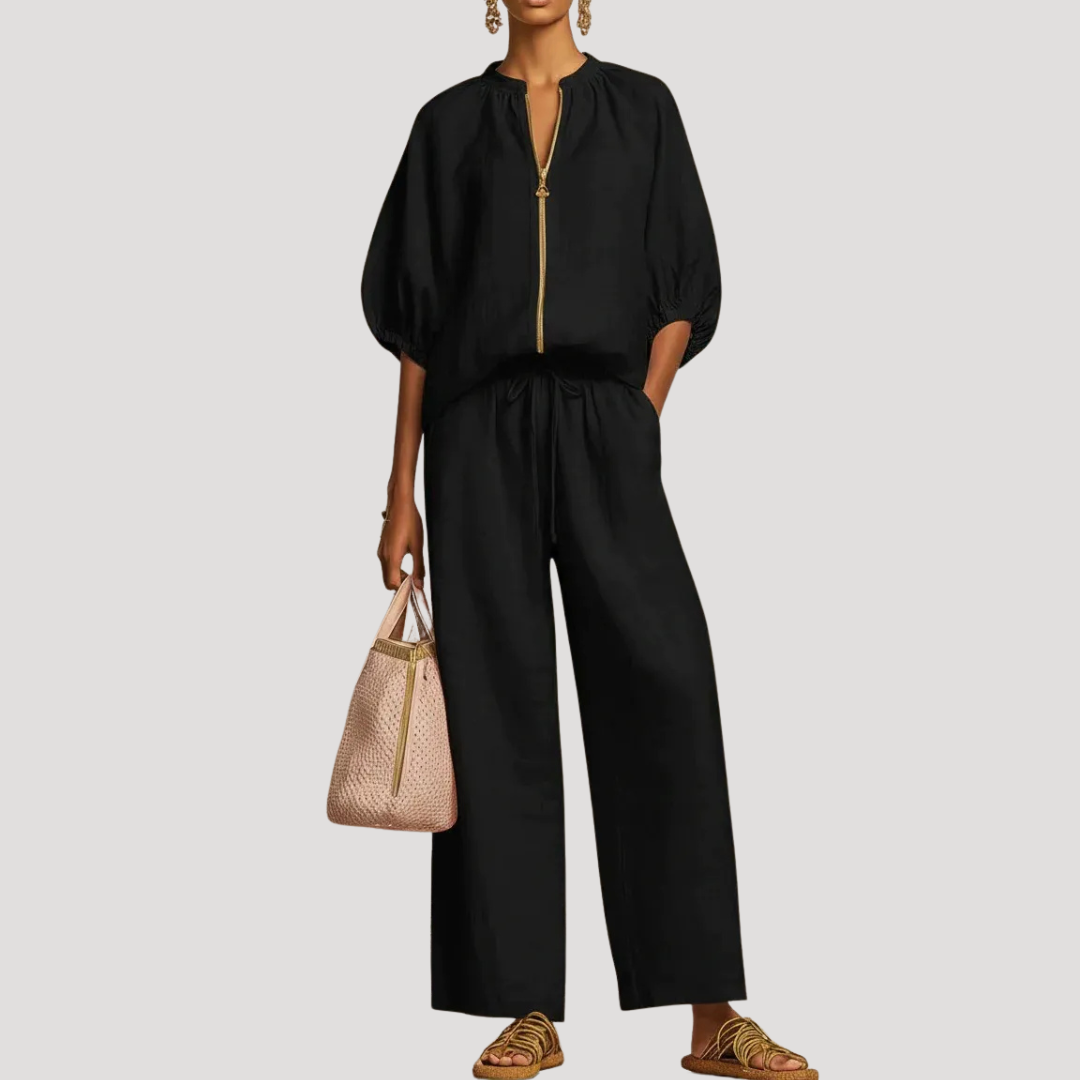 Heidi - Chic Women's Linen Co-Ord Set with Balloon Sleeve Top and Wide Leg Trousers