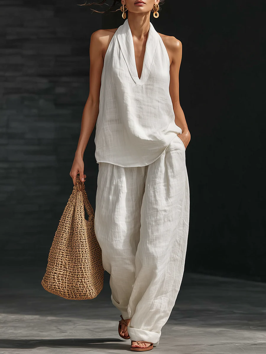 Holly - Chic Women's Linen Set with Halter Top and Wide Leg Trousers