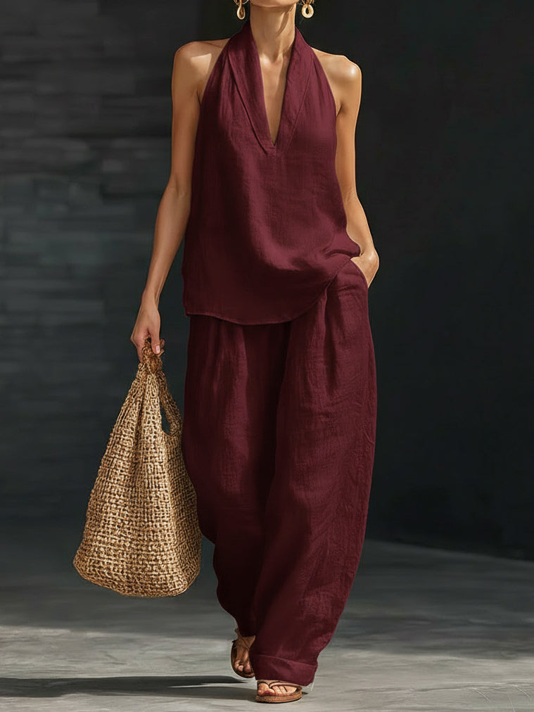 Holly - Chic Women's Linen Set with Halter Top and Wide Leg Trousers