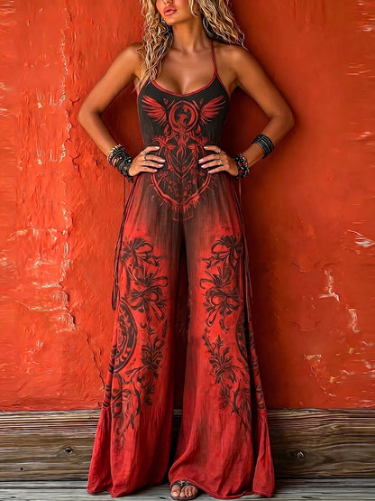 Iris - Boho Women's Linen Jumpsuit with Halter Neck and Graphic Print