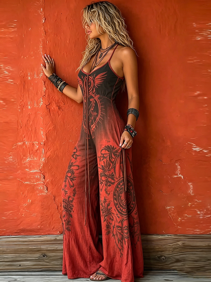Iris - Boho Women's Linen Jumpsuit with Halter Neck and Graphic Print