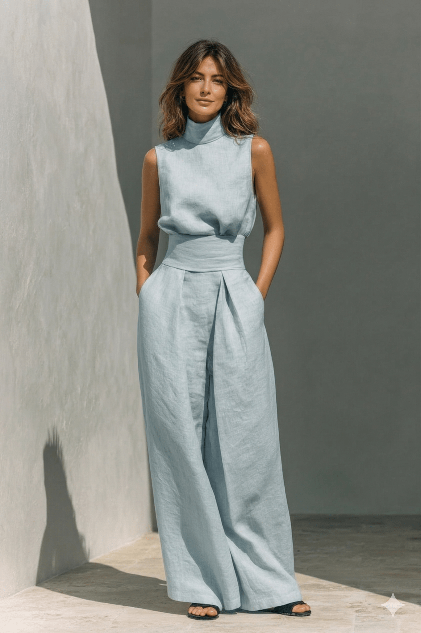 Isla - Boho Women's Linen Set with Wide Leg Trousers and Turtleneck Top