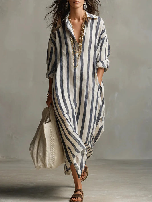 Isla - Casual Women's Linen Maxi Dress with V-Neck Collar and Roll-Up Sleeves