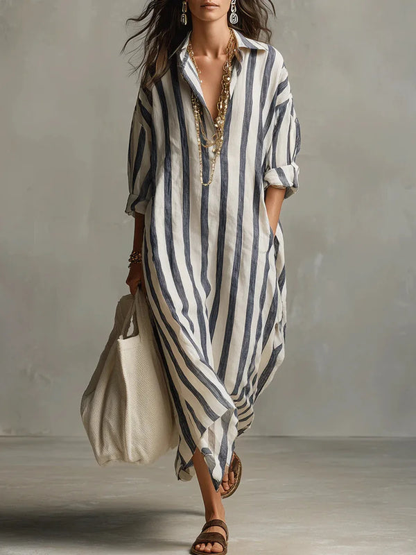 Isla - Casual Women's Linen Maxi Dress with V-Neck Collar and Roll-Up Sleeves