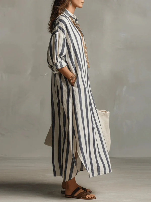 Isla - Casual Women's Linen Maxi Dress with V-Neck Collar and Roll-Up Sleeves