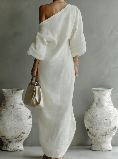 Isla - Elegant Women's Linen Maxi Dress with One Shoulder Neckline and Relaxed Fit