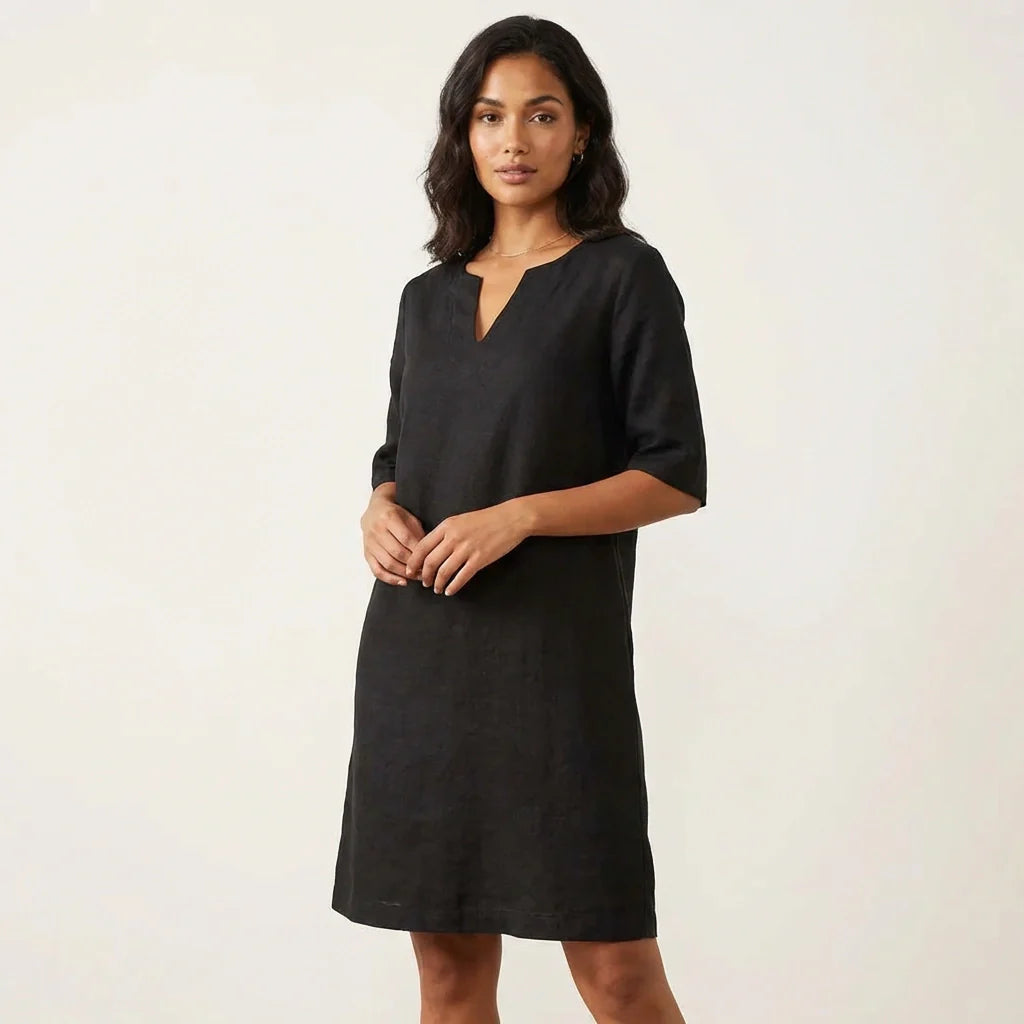 Isla - Minimalist Women's Linen Mini Dress with Notch Neckline and Roll-Up Sleeves