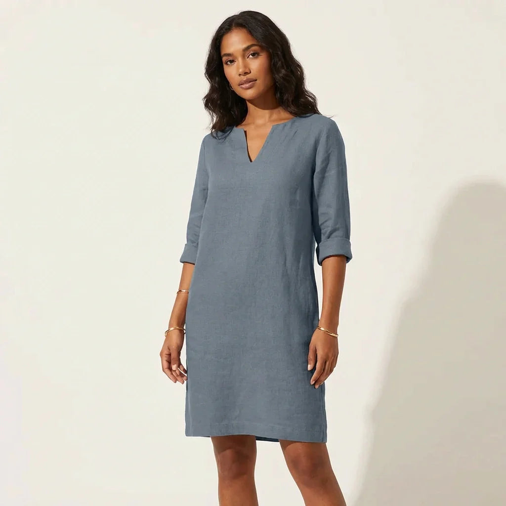 Isla - Minimalist Women's Linen Mini Dress with Notch Neckline and Roll-Up Sleeves