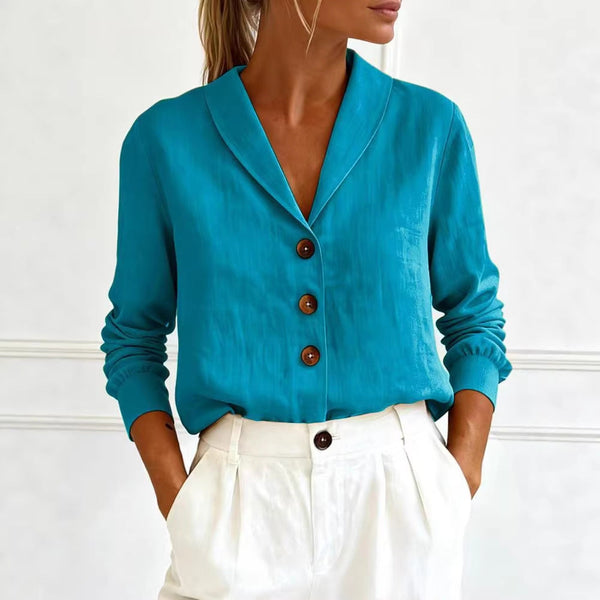 Isla - Smart Women's Linen Blouse with Notch Collar and Button Front