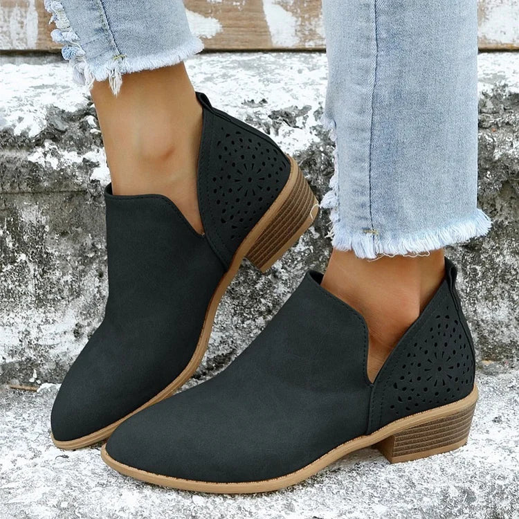 Isla - Women's Autumn Ankle Boots with Laser Cut Detail and Block Heel
