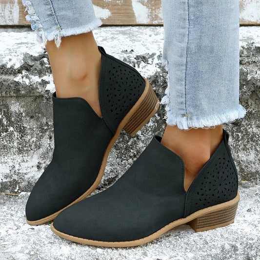 Isla - Women's Autumn Ankle Boots with Laser Cut Detail and Block Heel