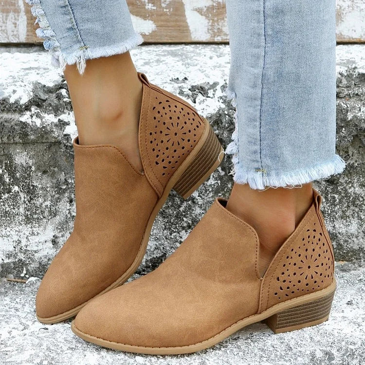 Isla - Women's Autumn Ankle Boots with Laser Cut Detail and Block Heel