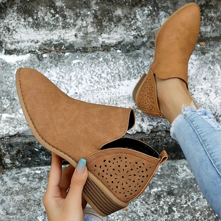 Isla - Women's Autumn Ankle Boots with Laser Cut Detail and Block Heel