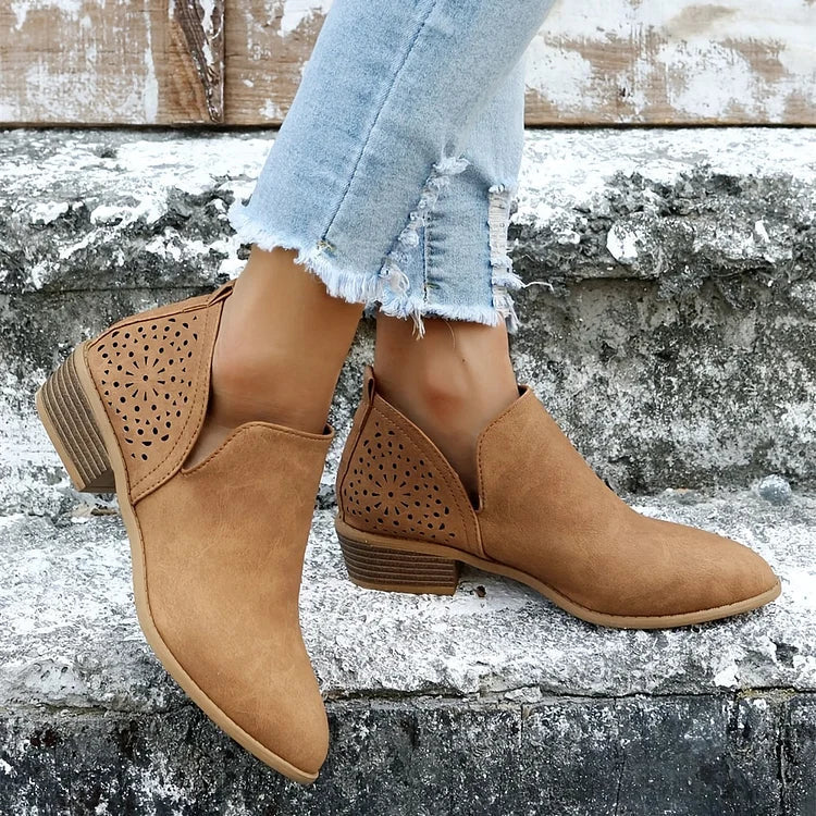 Isla - Women's Autumn Ankle Boots with Laser Cut Detail and Block Heel