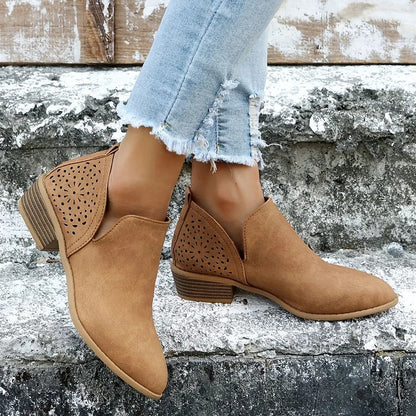 Isla - Women's Autumn Ankle Boots with Laser Cut Detail and Block Heel