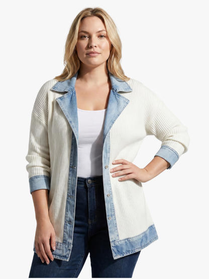 Isla - Women's Long Denim Mix Vest Jacket Autumn Ribbed Knit for Comfort