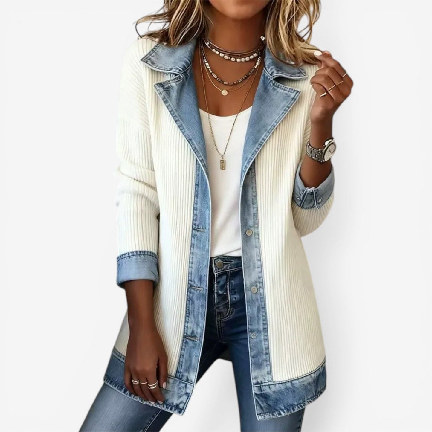 Isla - Women's Long Denim Mix Vest Jacket Autumn Ribbed Knit for Comfort