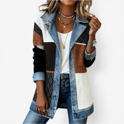 Isla - Women's Long Denim Mix Vest Jacket Autumn Ribbed Knit for Comfort