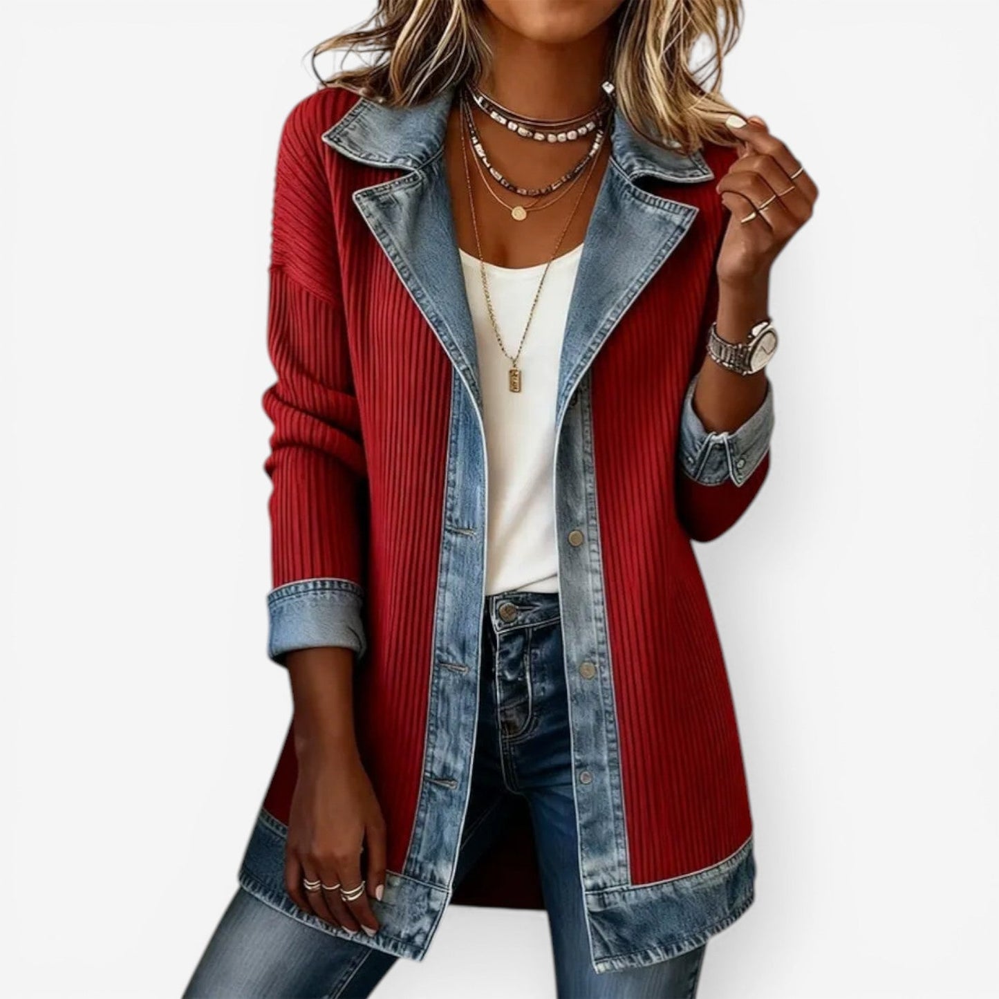 Isla - Women's Long Denim Mix Vest Jacket Autumn Ribbed Knit for Comfort