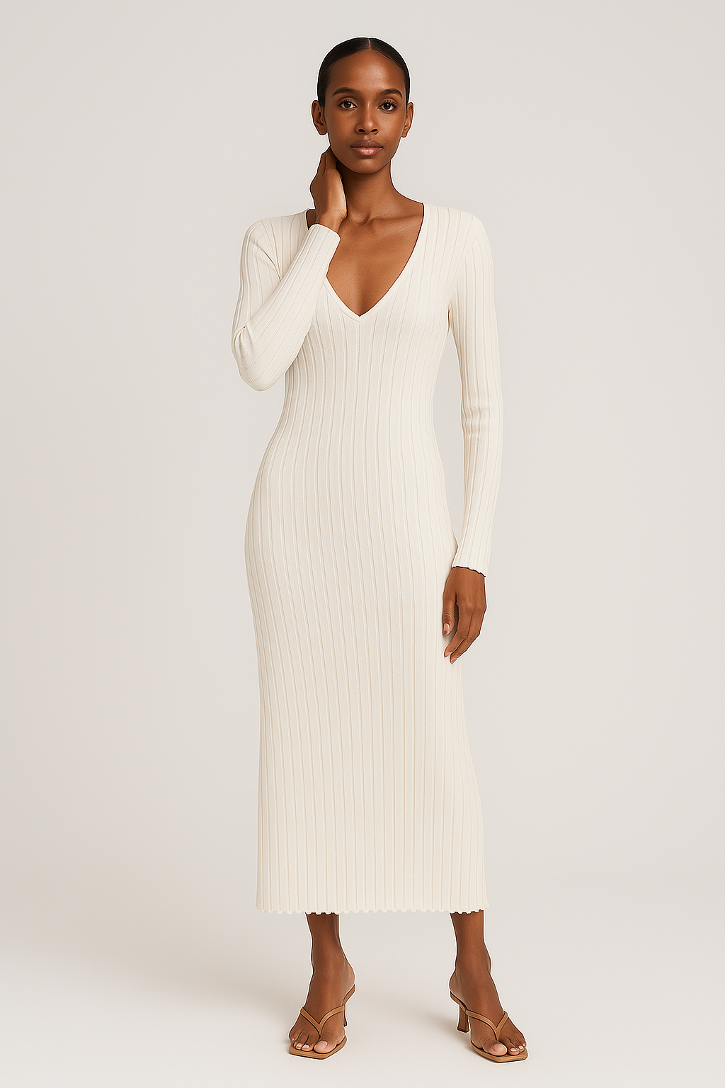 Isla - Women's Long Sleeve Wedding Guest Dress for Autumn with Ribbed V Neck