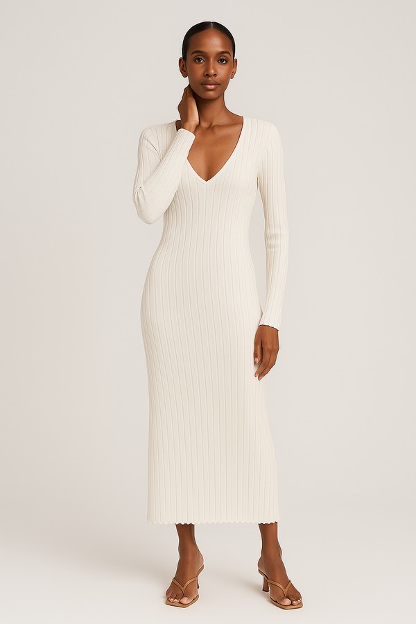 Isla - Women's Long Sleeve Wedding Guest Dress for Autumn with Ribbed V Neck