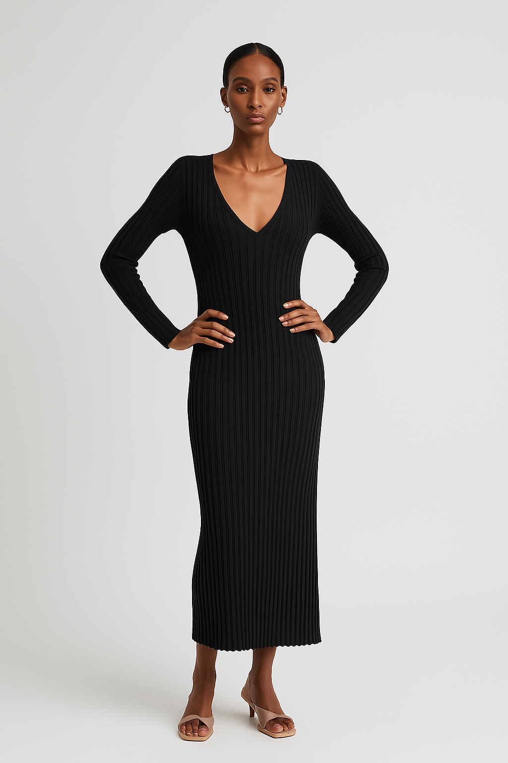 Isla - Women's Long Sleeve Wedding Guest Dress for Autumn with Ribbed V Neck