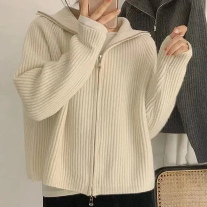 Isla - Women's Wool Style Cardigan with Zip Front and High Collar