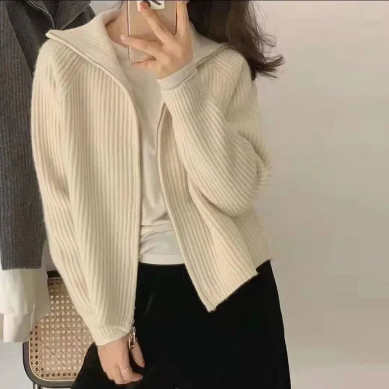 Isla - Women's Wool Style Cardigan with Zip Front and High Collar